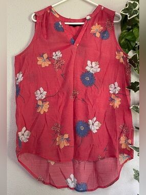 Fred David Blouse Floral Coral Sleeveless V-Neck Lightweight Summer Top XL